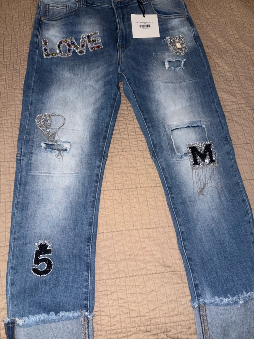 Embellished Light Blue Distressed Jeans with Sequin Patches